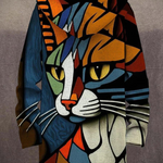 Cat face zip-up cardigan with hood, bold blue and orange graphic print, dark hem.
