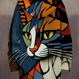 Cat face zip-up cardigan with hood, bold blue and orange graphic print, dark hem.