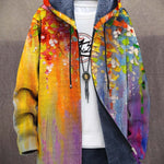 Zip-up cardigan with hood, bright paint-splatter style print, rainbow gradient and dark trim.