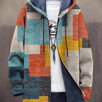 Patchwork plaid zip-up cardigan with hood, multicolor block squares, dark knit trim.