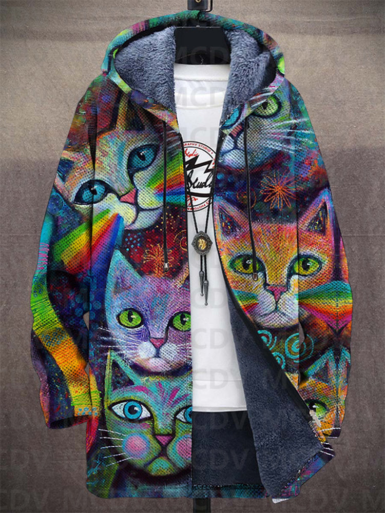 Multicolor zip cardigan with hood, featuring colorful cat face artwork