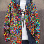 Multicolor patterned cardigan with hood, open front, dark lining and drawstring