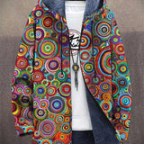 Multicolor patterned cardigan with hood, open front, dark lining and drawstring