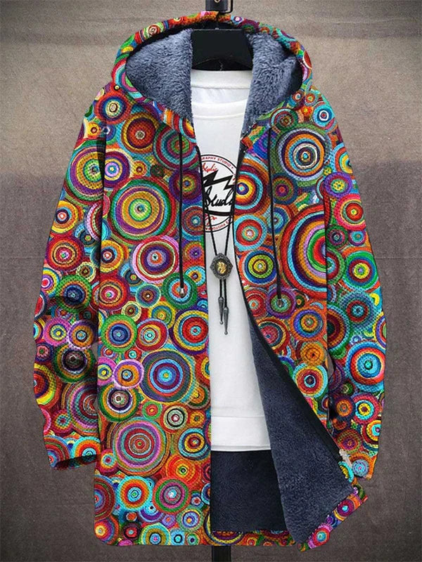 Multicolor patterned cardigan with hood, open front, dark lining and drawstring