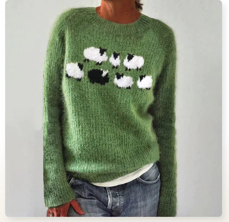 Poppy™ green fuzzy retro sweater with sheep graphic