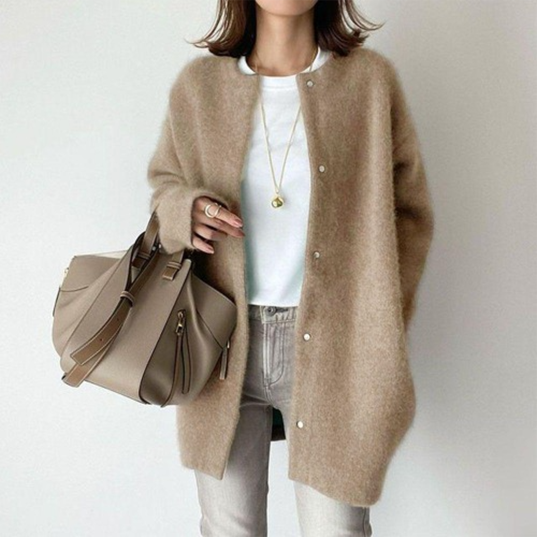 Camel knit cardigan with button front and long sleeves