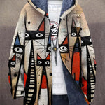 Multicolor abstract print zip-up cardigan with hood and navy lining, long sleeves