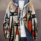 Multicolor abstract print zip-up cardigan with hood and navy lining, long sleeves