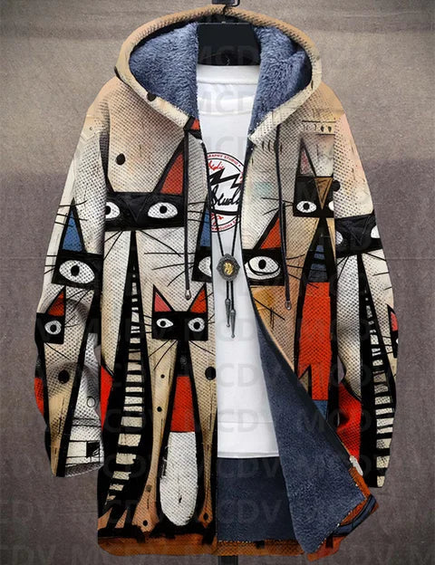Multicolor abstract print zip-up cardigan with hood and navy lining, long sleeves