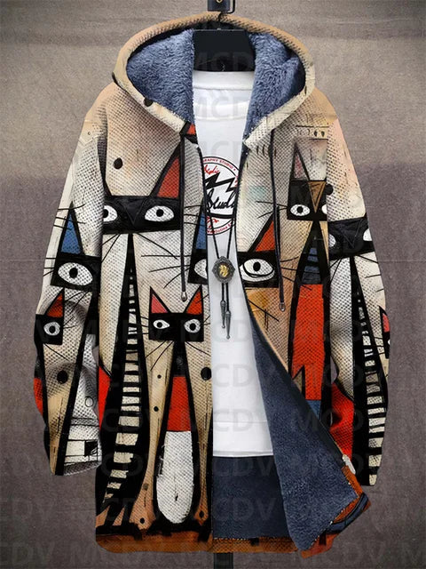 Multicolor abstract print zip-up cardigan with hood and navy lining, long sleeves