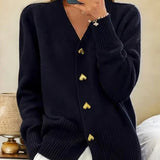 Klara™ black V-neck knit cardigan with gold tone decorative buttons and ribbed hem