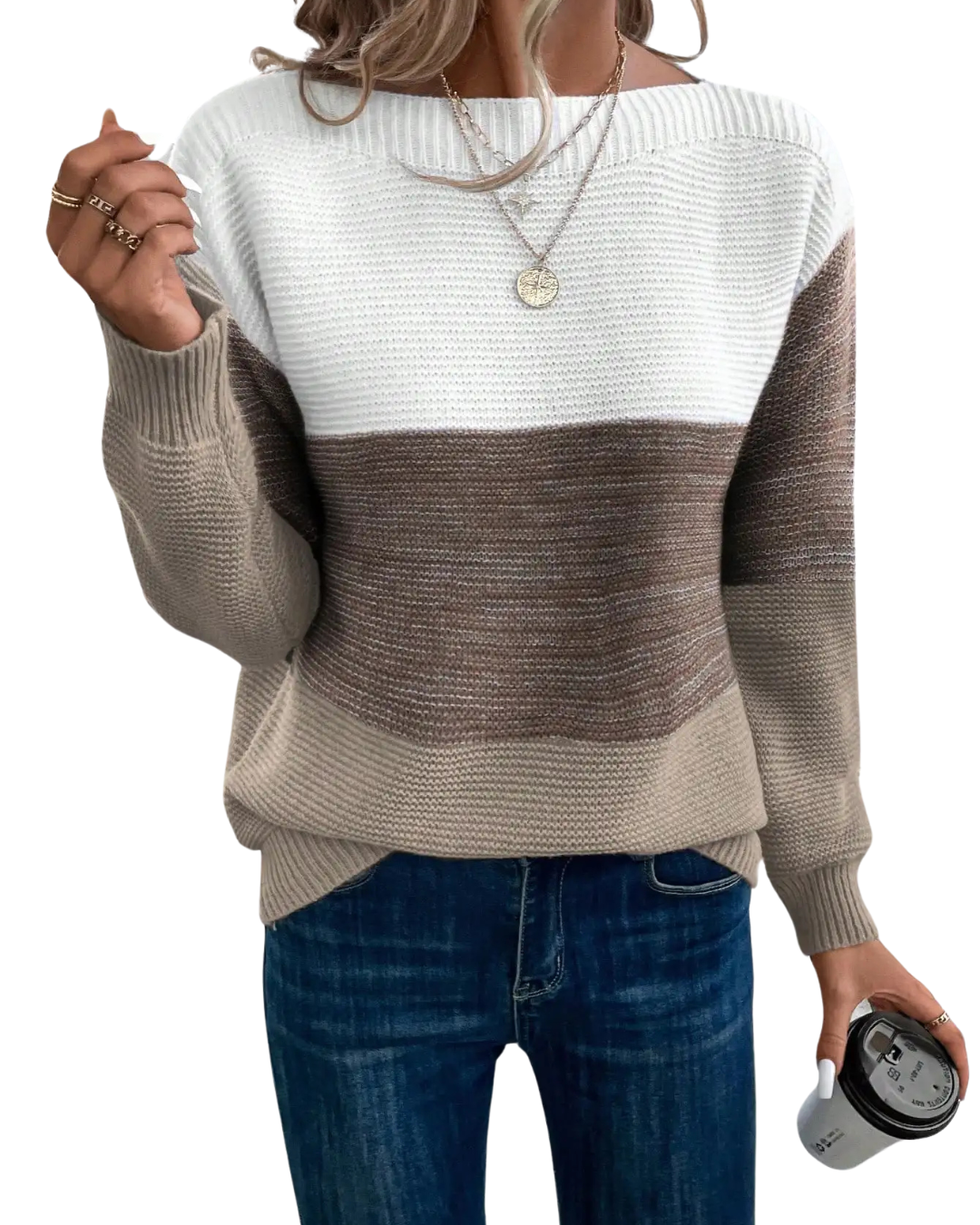 Ombre knit pullover, cream-to-dark brown stripe with ribbed crew neck and cuffs