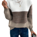 Ombre knit pullover, cream-to-dark brown stripe with ribbed crew neck and cuffs