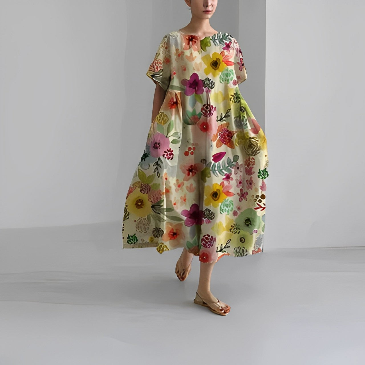 Women's floral dress, light beige base with colorful garden flower print, midi length