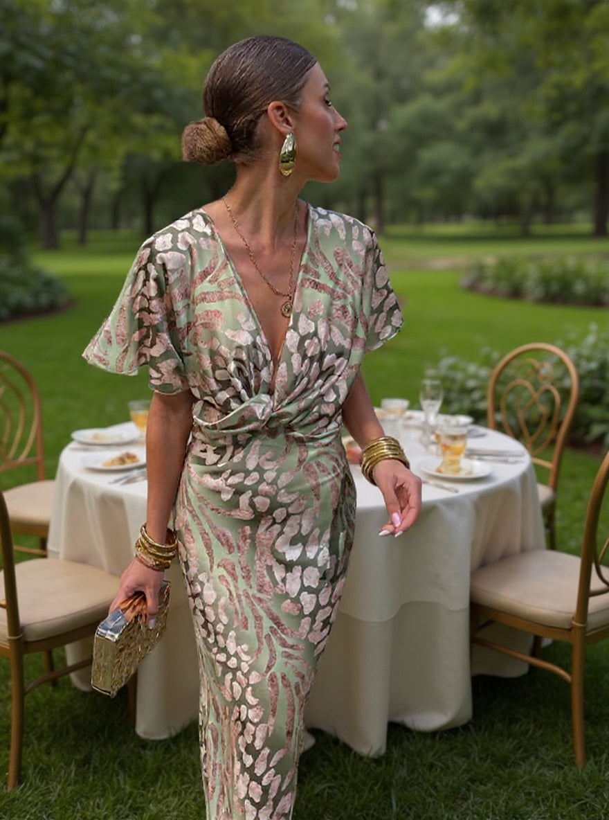 Midi wrap dress, V-neck and gathered waist, light green and pink abstract print