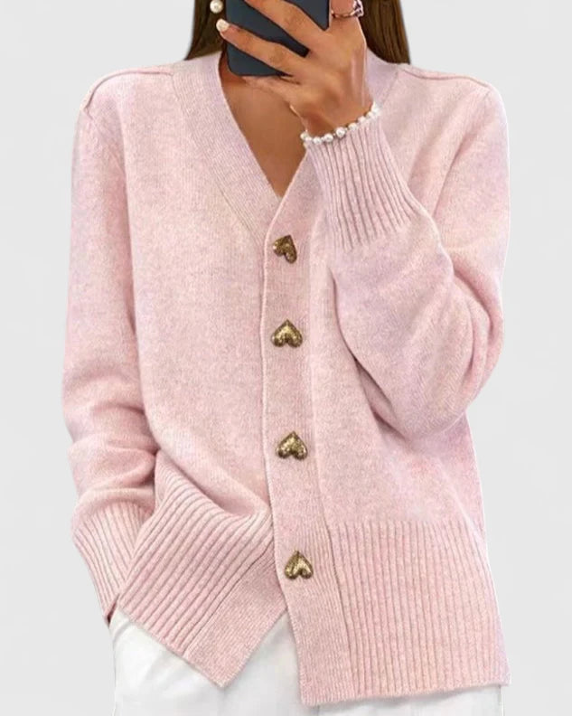 Pink cardigan with V-neck, long sleeves, ribbed cuffs and hem, gold button placket