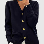 Dark navy cardigan with V-neck, long sleeves, ribbed cuffs and hem, gold button placket