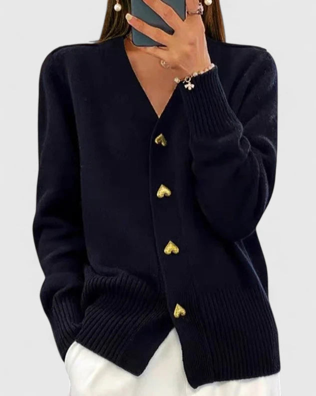 Dark navy cardigan with V-neck, long sleeves, ribbed cuffs and hem, gold button placket