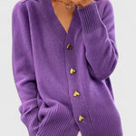 Purple cardigan with V-neck, long sleeves, ribbed cuffs and hem, gold button placket