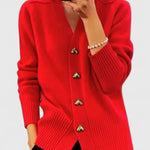 Red cardigan with V-neck, long sleeves, ribbed cuffs and hem, gold button placket