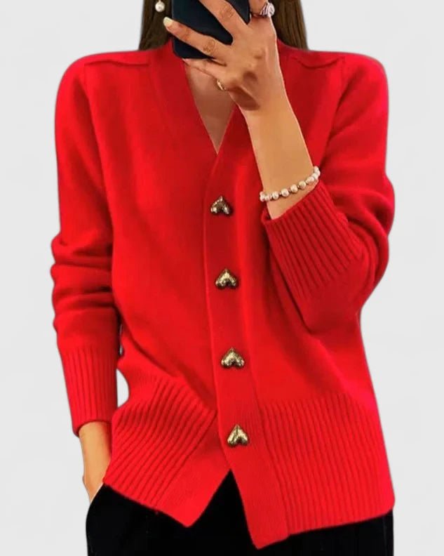 Red cardigan with V-neck, long sleeves, ribbed cuffs and hem, gold button placket