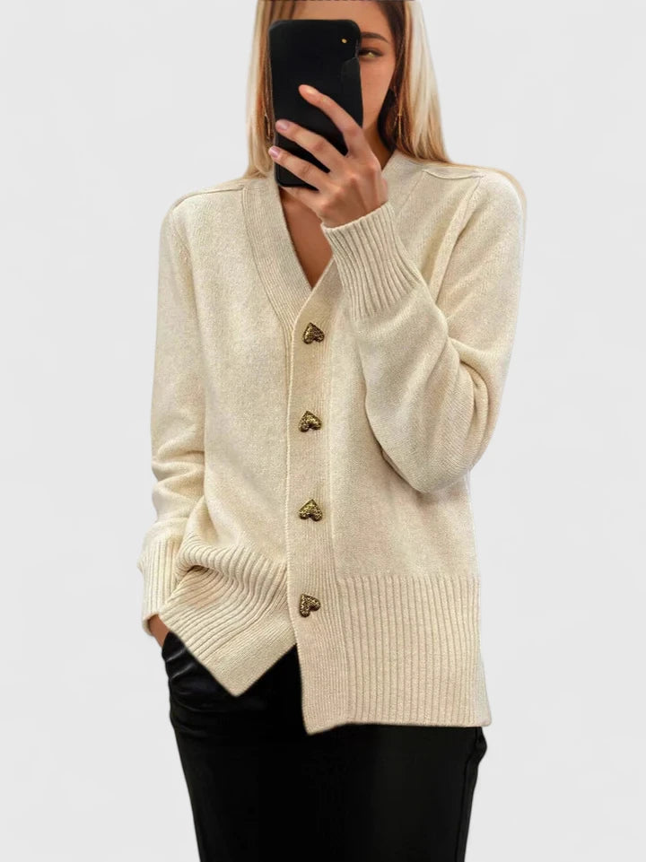 Beige cardigan with V-neck, long sleeves, ribbed cuffs and hem, gold button placket