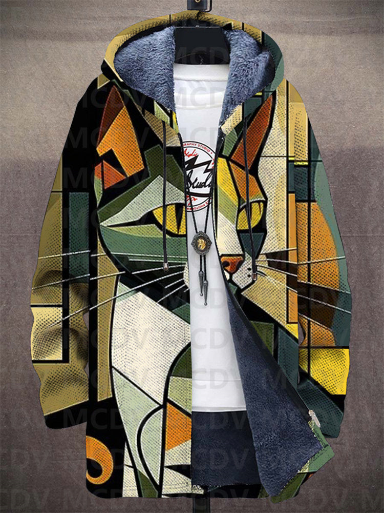 Lowanna™ hooded cardigan with multicolor cat graphic, full zipper, blue-lined hood