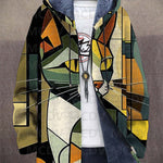 Lowanna™ hooded cardigan featuring abstract cat faces on front, full zip and blue lining