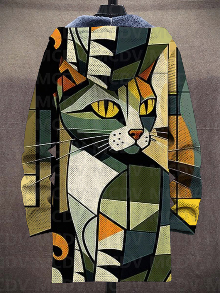 Lowanna™ hooded cardigan, back view with large cat-face print, full zipper and hood
