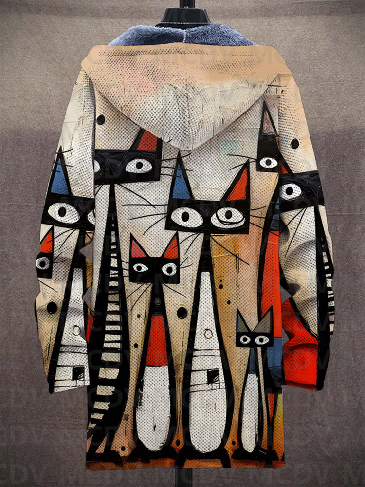 Lowanna™ hooded cardigan back with colorful cat collage print, front buttons, blue hood lining