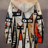 Lowanna™ hooded cardigan back with colorful cat collage print, front buttons, blue hood lining