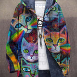 Lowanna™ hooded cardigan with rainbow cat print, full zipper, colorful hood trim and lining