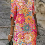 Floral print V-neck shift dress with short sleeves, bright pink and teal