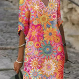 Floral print V-neck shift dress with short sleeves, bright pink and teal
