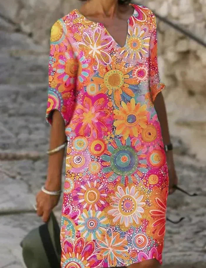 Floral print V-neck shift dress with short sleeves, bright pink and teal