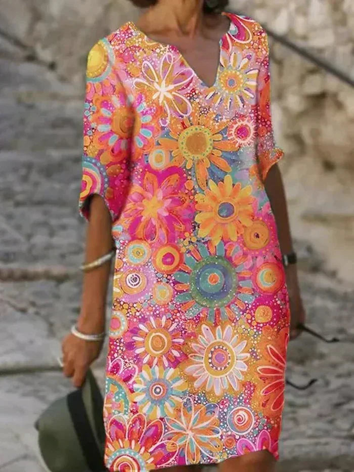 Floral print V-neck shift dress with short sleeves, bright pink and teal