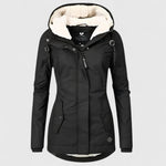 Black hooded winter jacket with faux fur lining, front zipper, and side flap pockets
