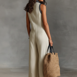 Minimalistischer, ärmelloser Damen-Jumpsuit mit Reißverschluss und Stehkragen, verziert mit Stickereien