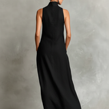 Schwarzes Damen-Maxikleid mit Stehkragen und Seitentaschen, zeitloses, minimalistisches Freizeitkleid