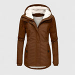 Brown hooded winter jacket with faux fur trim, zip front, and side button pockets
