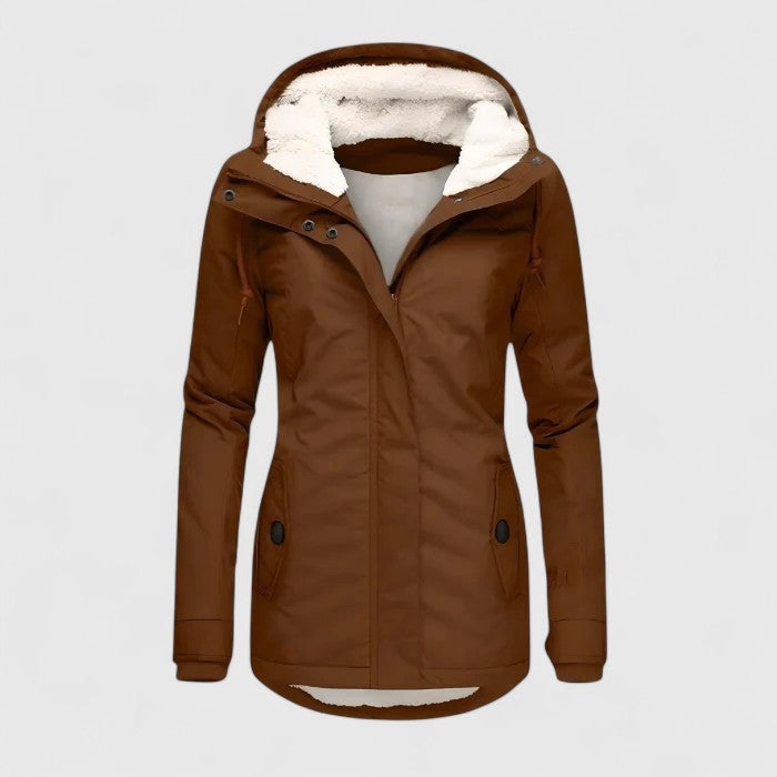 Brown hooded winter jacket with faux fur trim, zip front, and side button pockets