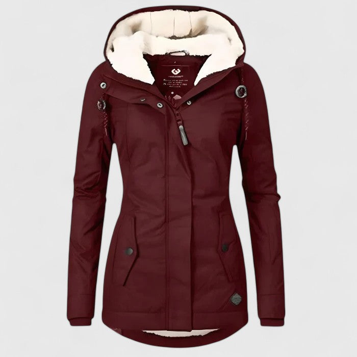 Burgundy hooded winter jacket with faux fur trim, front zipper, and buttoned side pockets