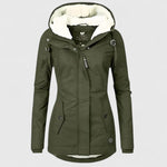 Olive green hooded winter jacket with faux fur trim, zip front, and side flap pockets