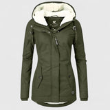 Olive green hooded winter jacket with faux fur trim, zip front, and side flap pockets