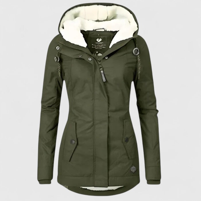 Olive green hooded winter jacket with faux fur trim, zip front, and side flap pockets