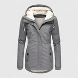 Gray hooded winter jacket with faux fur trim, front zipper, and side button pockets