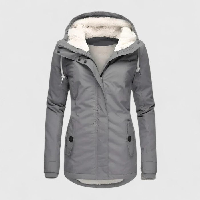 Gray hooded winter jacket with faux fur trim, front zipper, and side button pockets