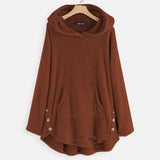 Rust-brown plush hooded hoodie with side button accents and relaxed A-line fit