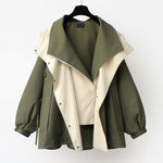 Windproof weatherproof jacket with olive-green outer and cream hood lining, snap front