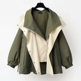 Windproof weatherproof jacket with olive-green outer and cream hood lining, snap front